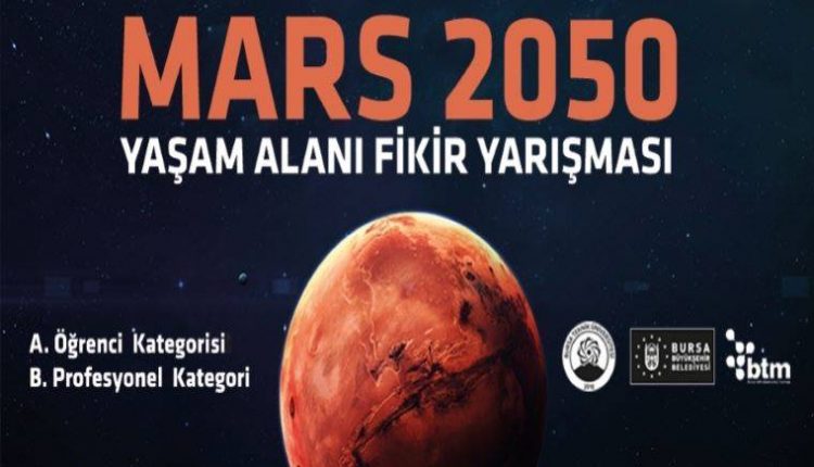 Mars 2050 Yaşam Alanı Fikir Yarışması duyuru görselidir. Görselde karanlık fonda kızıl gezegen mars görülmektedir.