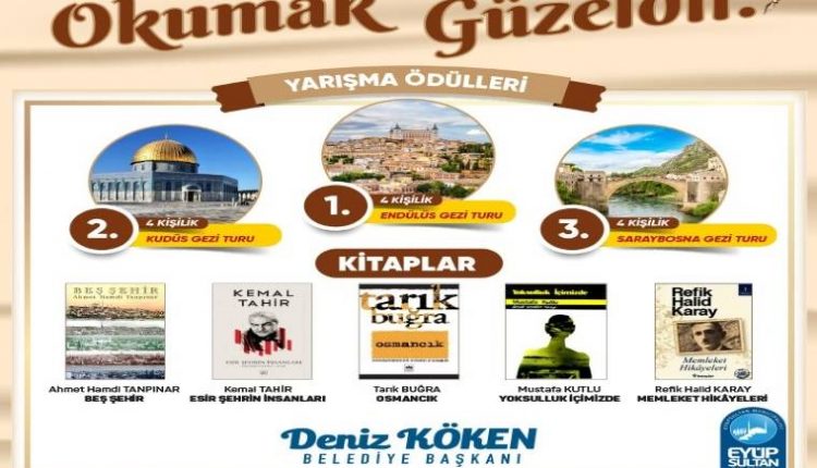 Okumak Güzeldir Kitap Okuma Yarışması görselidir. Görselde yarışma bilgileri ve ödül görselleri yer almaktadır.