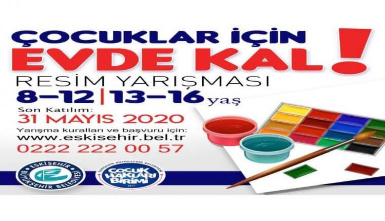 Çocuklar İçin Evde Kal Resim Yarışması duyuru görselidir. Görselde resim paleti ve yarışma bilgileri yer almaktadır.