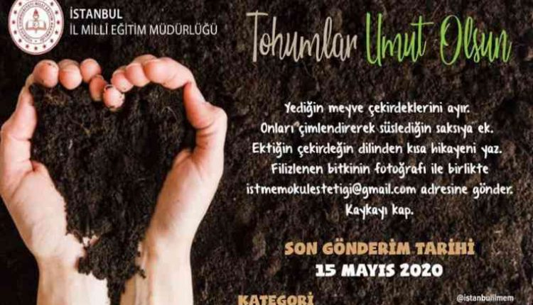 Tohumlar Umut Olsun Yarışması görselidir. Görselde avuç içine alınmış toprak var ve yarışma bilgileri yer alıyor.