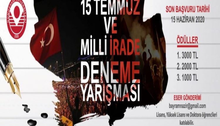 15 Temmuz ve Milli İrade Deneme Yarışması duyuru görselidir. Görselde 15 Temmuz tarihindeki karşı duruşa ait Bayraklı görsel ve yarışma bilgileri yer almaktadır.