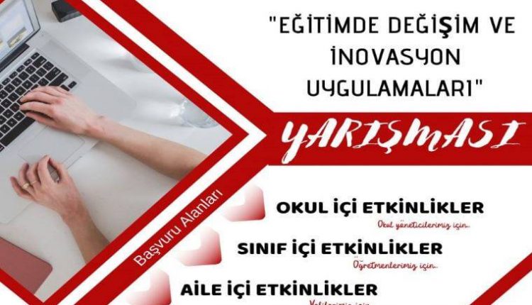 Eğitimde Değişim ve İnovasyon Uygulamaları Yarışması duyuru görselidir. Görselde bilgisayar kullanan bir el görülmekte ve yarışma kategorileri yer almakta.