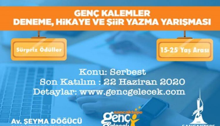 Genç Kalemler Deneme, Hikaye ve Şiir Yazma Yarışması duyuru görselidir. Görselde arka planda yazı yazan bir çocuk eli görülmekte, ön planda yarışma bilgileri yazmakta.