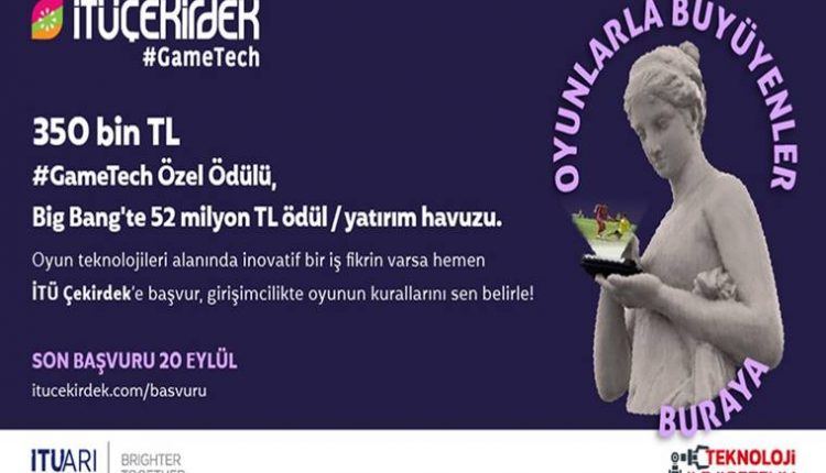 İTÜ Çekirdek GameTech Oyun Girişimciliği Yarışması duyuru görselidir. Koyu renk üzerindeki görselde elinde telefonla oyun oynayan bir eski tarih heykeli görülmektedir.