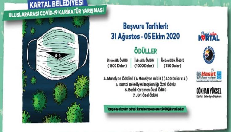 Kartal Belediyesi Uluslararası Covid-19 Karikatür Yarışması duyuru görselidir. Görselde maske ve virüs görselleri görülmektedir.