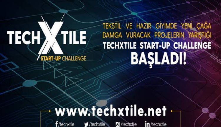 TECHXTILE Start-Up Challenge Yarışması duyuru görselidir. Görselde inovasyonu çağrıştıran tasarım çizgileri yer almakta ve yarışma bilgileri yazmaktadır.