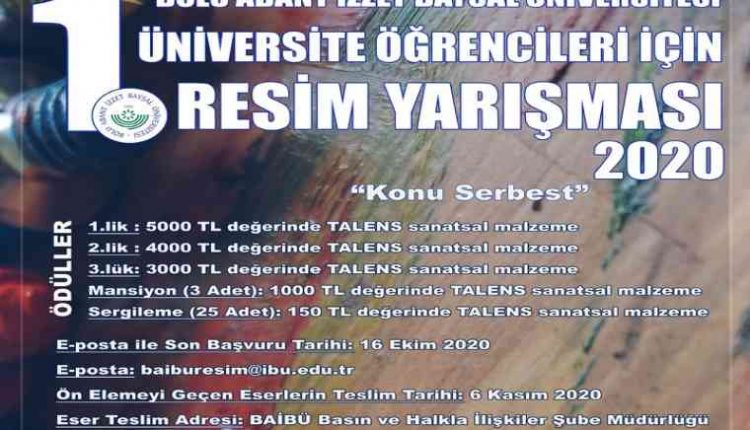 BAİBU Üniversite Öğrencileri İçin Resim Yarışması duyuru görselidir. Görselde büyük punto ile rakamla "birinci" ifadesi görülmekte ve yarışma hakkında bilgiler yer almaktadır.