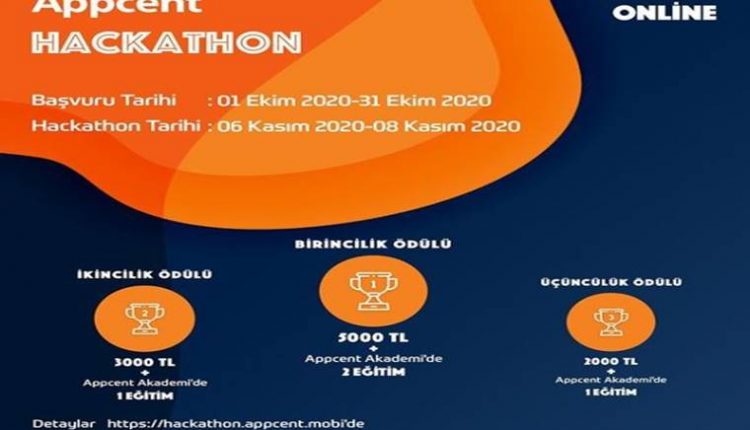 Appcent Hackathon Yarışması duyuru görselidir. Mavi turuncu renklerin kullanıldığı görselde yarışma adı ve bilgilerine yer verilmiştir.