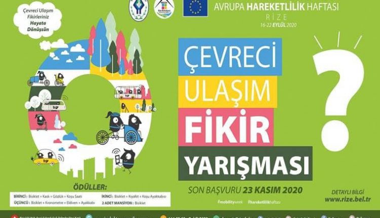 Rize Belediyesi Çevreci Ulaşım Fikir Yarışması duyuru görselidir. Görselde yeşil bir fon üzerine renkli yazılarla yarışma bilgilerine yer verilmiştir.