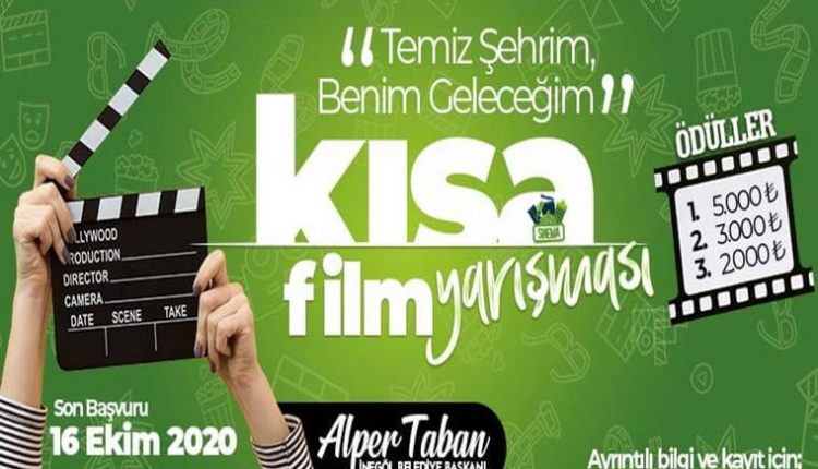 İnegöl Belediyesi Temiz Şehrim, Benim Geleceğim Kısa Film Yarışması duyuru görselidir. Görselde yeşil fon üzerinde yarışma bilgileri yer almakta ve sinema klaketi görülmekte.