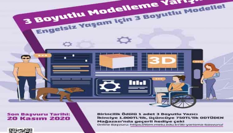 3 Boyutlu Modelleme Yarışması duyuru görselidir. Görselde tekerlekli sandalyede bir engelli animasyonu görülmekte. Ayrıca kodlama ve tasarımı çağrıştıran görsellerin olduğu bir zemin yer almaktadır.
