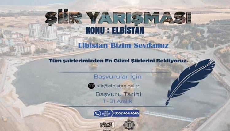 Elbistan Konulu Şiir Yarışması duyuru görselidir. Görselde Elbistan ilçesine ait havadan çekilmiş bir görüntü yer almaktadır. Ayrıca yarışma bilgilerine yer verilmiştir.