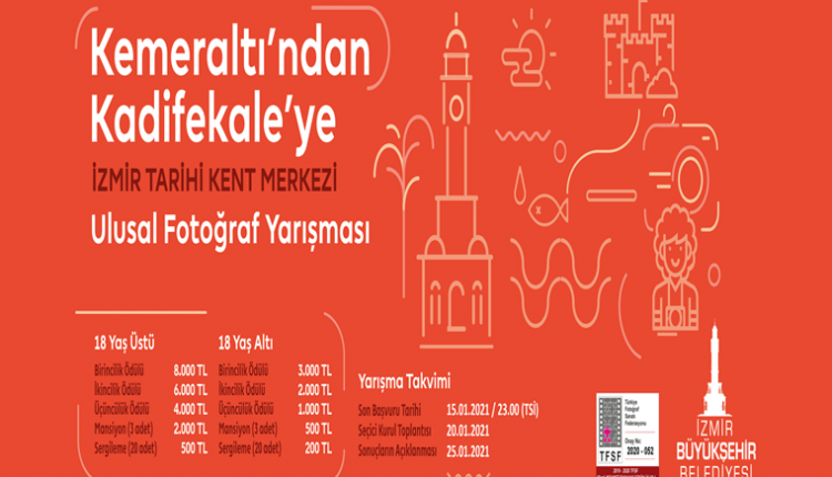 Kemeraltı’ndan Kadifekale’ye İzmir Tarihi Kent Merkezi Ulusal Fotoğraf Yarışması duyuru görselidir. Turuncu renkli görselde beyaz çizimlerle İzmir Saat Kulesi ve İzmir'e dair mekanlar görülmektedir. Ayrıca yarışma bilgileri ile yarışma ödülleri yazmaktadır.