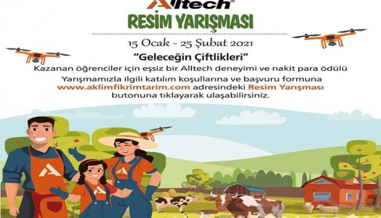 Alltech Resim Yarışması duyuru görselidir. Görselde arkplanda bir çiftlik ve hayvanlar görülüyor. Ön planda ise anne baba ve çocukları neşeyle ekrana bakıyor.