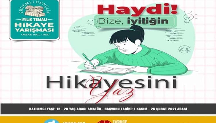 İyilik Temalı Ulusal Hikaye Yarışması duyuru görselidir. Görselde masa başında kağıda bir şeyler yazan bir genç kız çizimi görülmektedir.
