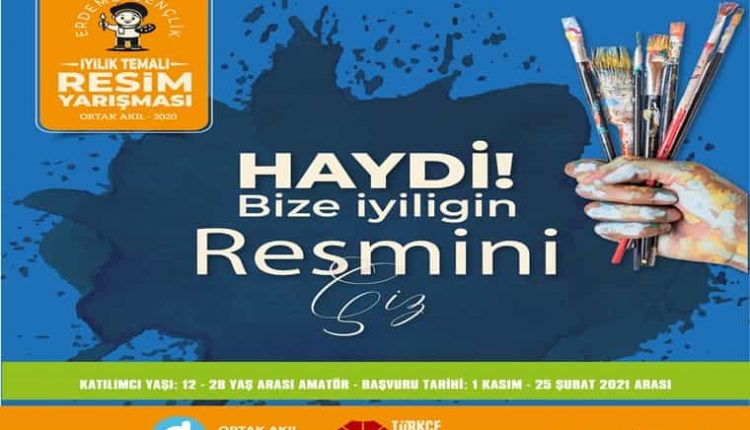İyilik Temalı Ulusal Resim Yarışması duyuru görselidir. Görselde yüzeye sıçramış mavi mürekkep görülmekte ve bir elde duran resim fırçaları görülmektedir.