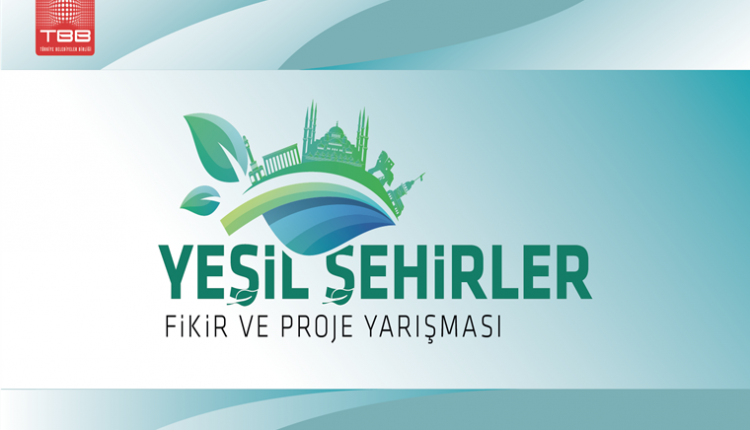 Yeşil Şehirler Fikir ve Proje Yarışması duyuru görselidir. Mavi tonlarındaki görselde yeşil yapraklar ve şehir silueti görülmektedir.